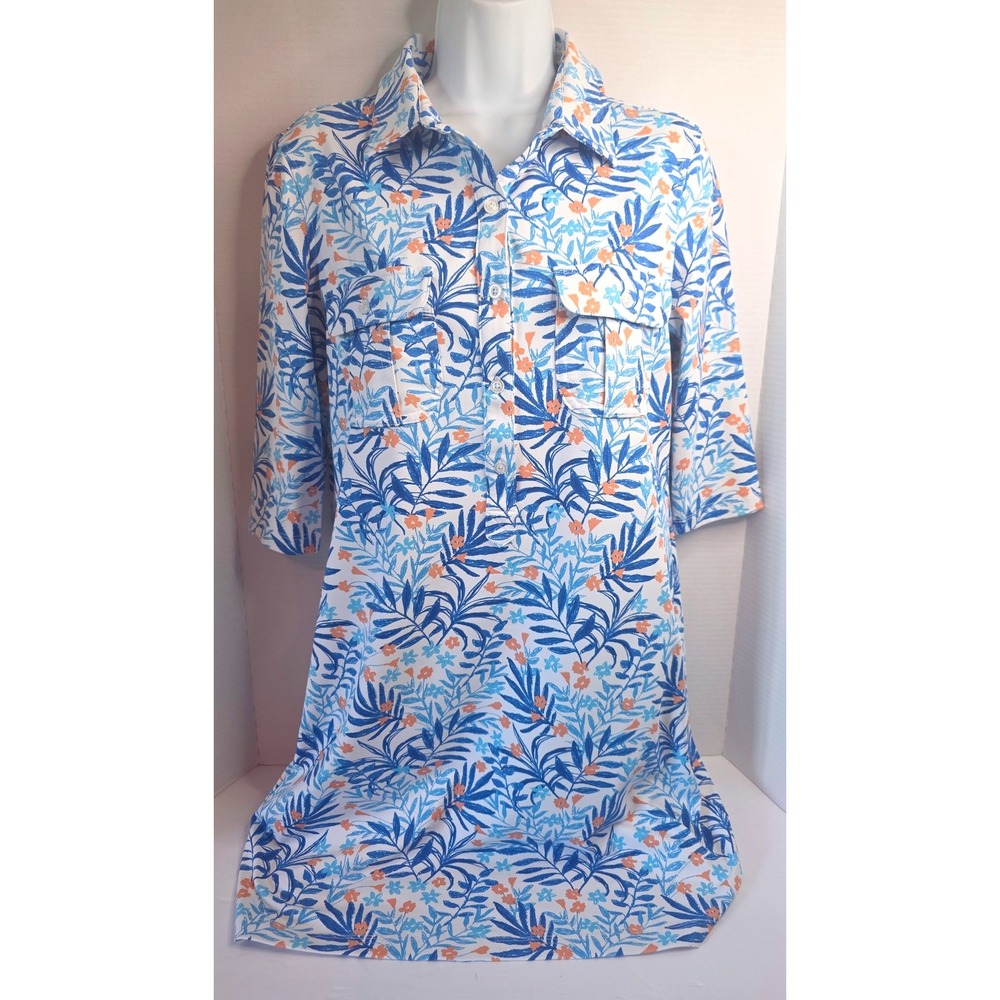 Persifor Winthrop Dress Blue Orange Tropical Palm Floral Button Front Medium